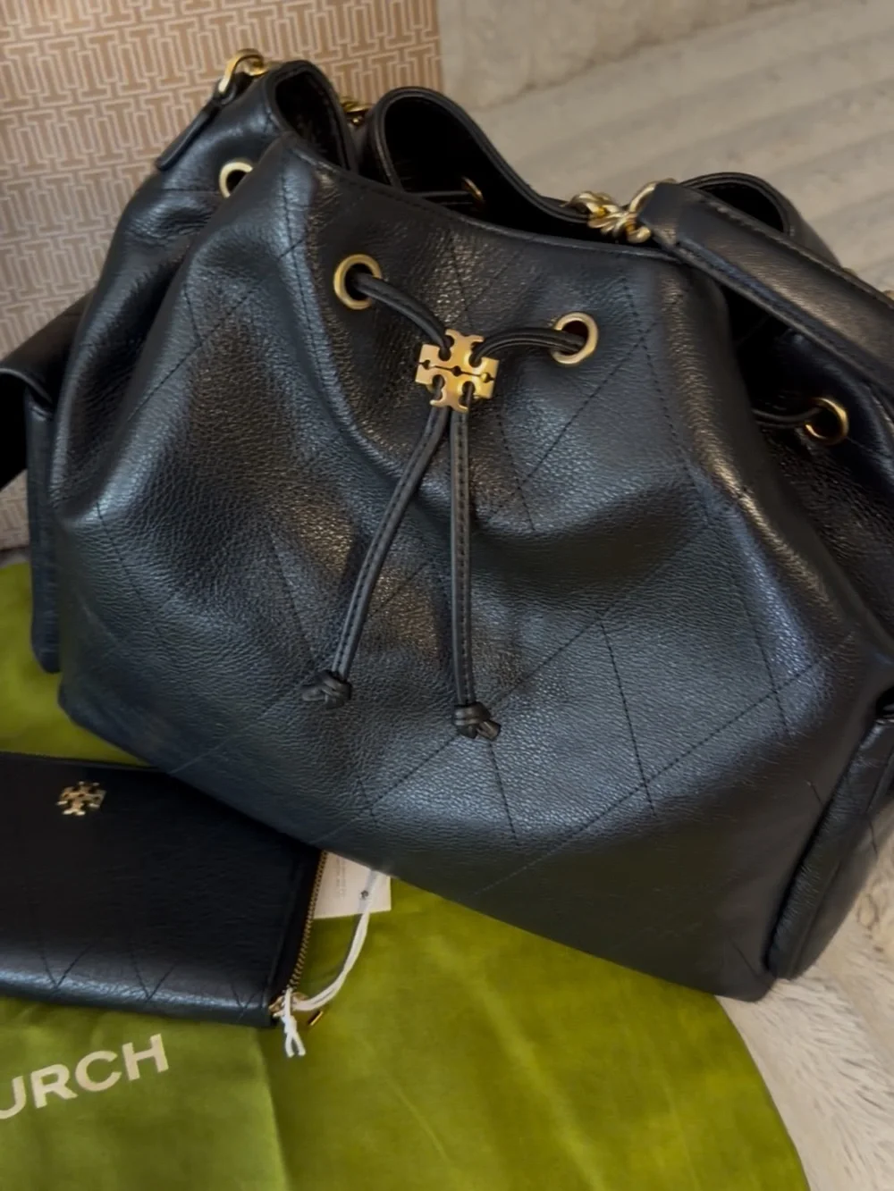Tory Burch Charlie Quilted Leather Drawstring Shoulder Bag with Gold Chain